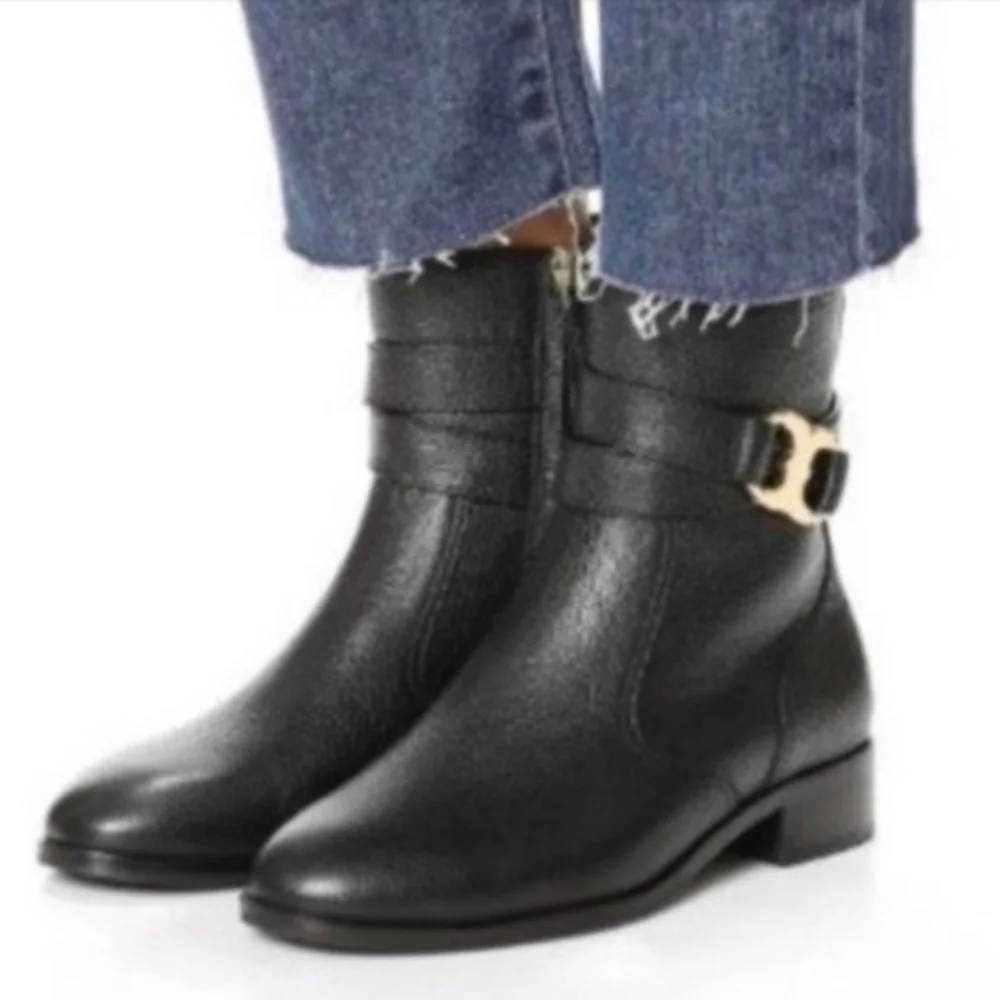 Tory Burch Dark Brown Ankle Boots with Gold Buckle Size 8M